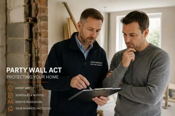 Party wall surveyor Luton discussing extension plans with homeowner outside a UK semi-detached house.